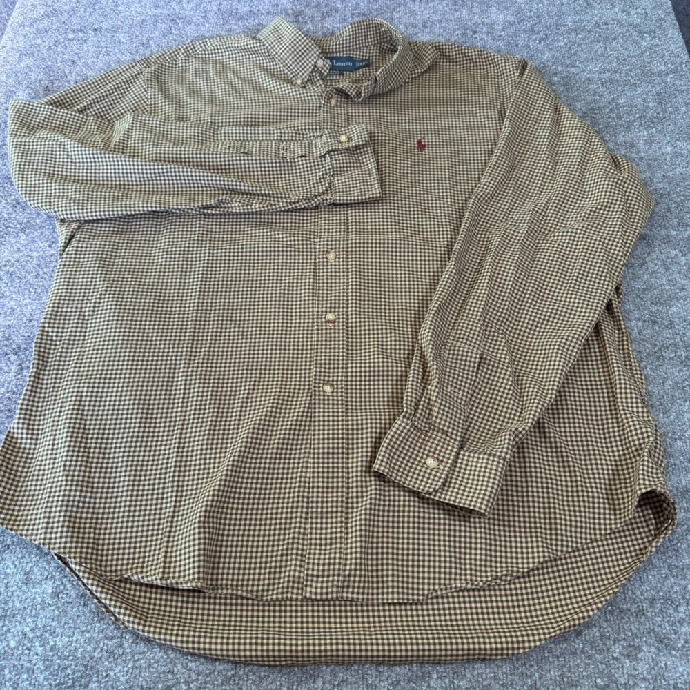 Ralph Lauren Button Down Shirt Mens XXL Gingham Plaid Cotton Classic Fit Brown - Picture 2 of 7